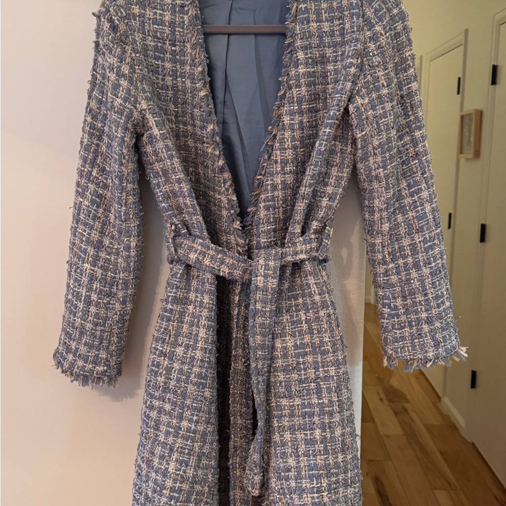 Boston Proper Blue Tweed Belted Blazer